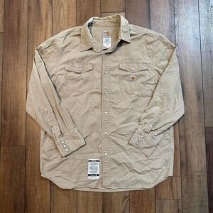 Carhartt FR pearl snap long sleeve button down tan shirt size XL